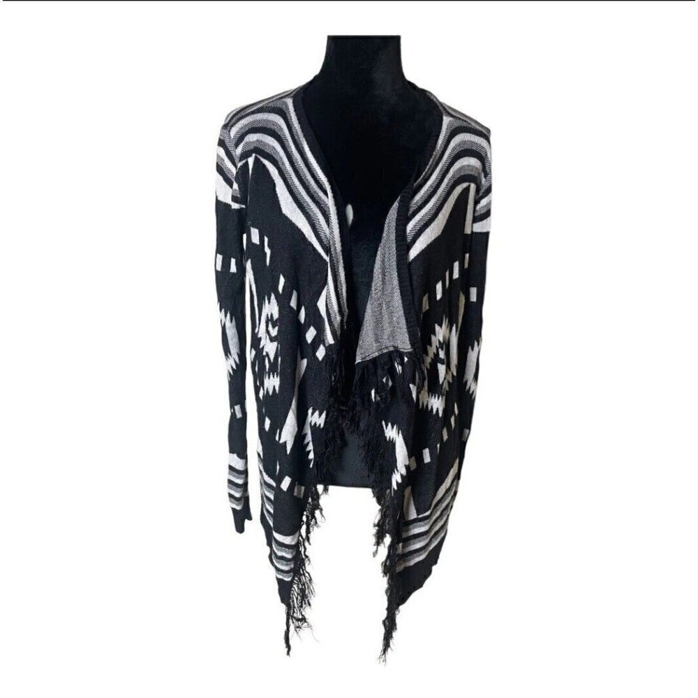Umgee Knit Sweater Open Front Fringe Black White Southwest Waterfall Front Sz‎ L